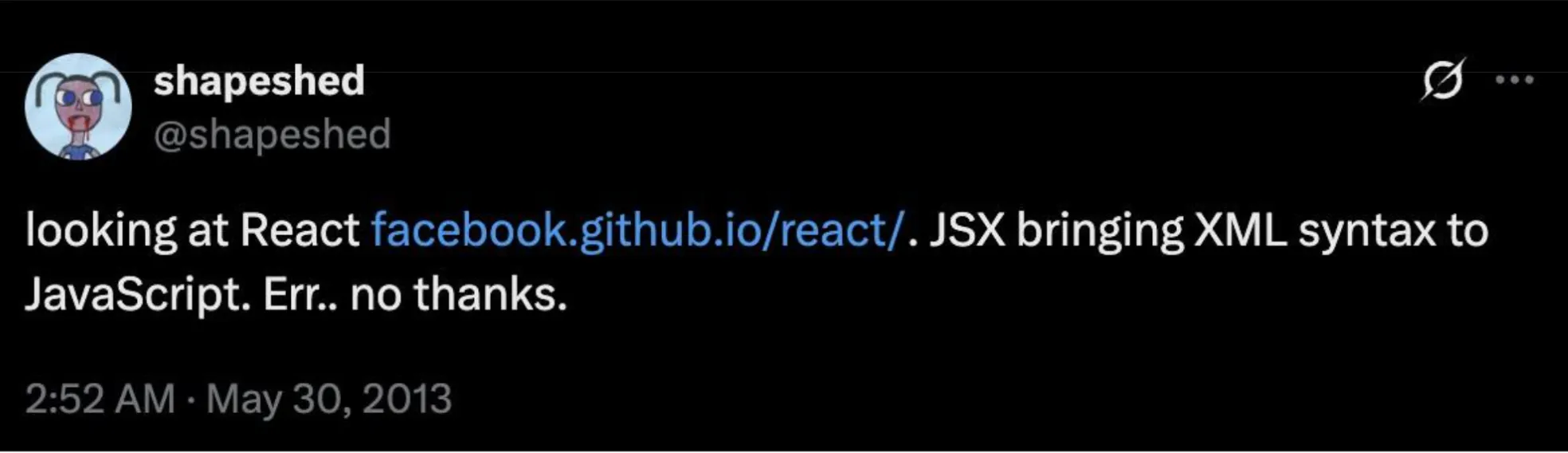 Tweet saying JSX is just like XML